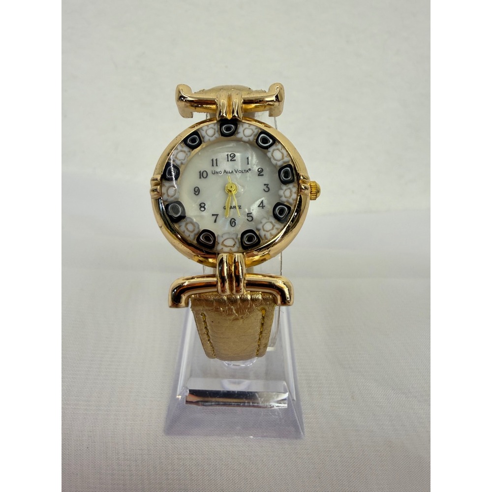 Uno Alla Volta Murano Glass Millefiori Watch Gold Tone MOP Dial Leather Strap